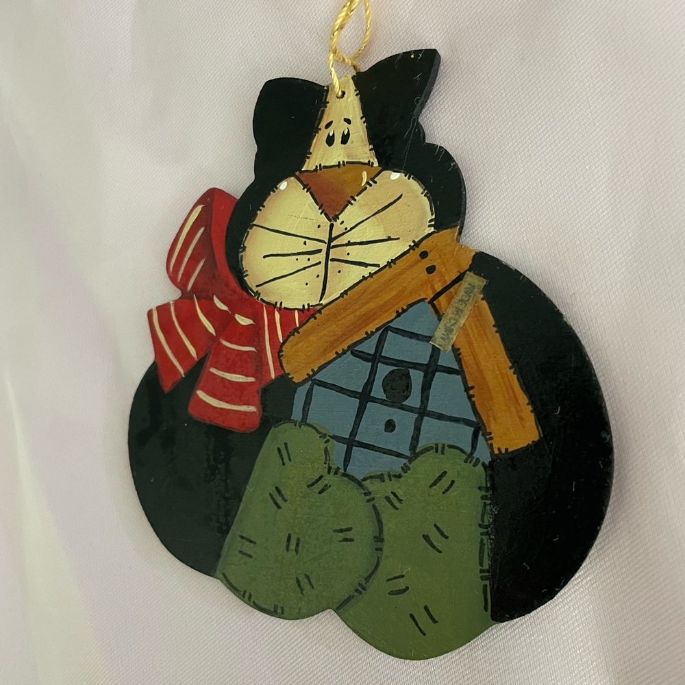 Hand-painted rustic cat Christmas ornament, Folk Art